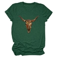 Detail of floral longhorn skull print on forest green crew neck t-shirt for women - Vintage Green
