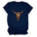 Close-up of bohemian floral bull skull print on a navy blue cotton short sleeve T-shirt - Navy Blue