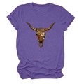 Detail of floral longhorn skull print on soft heather purple crewneck t-shirt - Purple