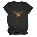 Detail of floral longhorn bull skull graphic print on dark grey crew neck cotton T-shirt - Black Heather Grey
