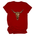 Close-up of bohemian floral bull skull print on dark red cotton crew neck T-shirt - Red