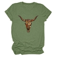 Close-up of cattle skull floral print on olive green short sleeve cotton t-shirt - Olive Green