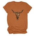 Detail of floral longhorn steer skull print on terracotta orange round neck t-shirt - Burnt Orange