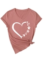 Detail of V-neck dusty rose t-shirt with heart graphic and side knot design - Rose Pink (White Print)
