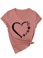 Detail of pink V-neck T-shirt showing black heart print with resort graphics and hem knot - Rose Pink (Black Print)