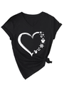 Detail of V-neck short sleeve tee with heart palm tree print and knotted side hem - Black (White Print)