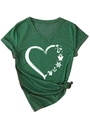 Detail of V-neck t-shirt with heart palm tree print and stylish knotted hem design - Vintage Green (White Print)