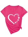 Detail of hot pink V-neck T-shirt with palm tree heart print and stylish side knot - Rose Red (White Print)