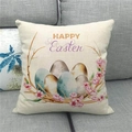 Detail of Happy Easter linen pillowcase with colorful eggs and flowers on a grey sofa - 18x18 Inch / Five Eggs With Flower Cluster (4)