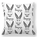 Square peach skin pillowcase with black line art rabbit and Bonjour text on white fabric - 18x18 Inch / Monochrome Moustache Rabbit (33)