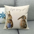 Detailed texture of linen cushion cover with watercolor Easter rabbits and blue egg - Easter bunny set (19)