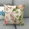Detail of linen Easter pillow cover with bunny eggs and pink magnolia on a sofa - 18x18 Inch / Magnolia Butterfly Eggs (13)
