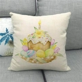 Close-up of Easter linen pillowcase featuring colorful eggs and spring flowers on sofa - 18x18 Inch / Easter Cake With Tulips (15)