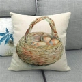 Close-up of Easter linen pillowcase showing rustic woven texture and egg basket print - 18x18 Inch / Vintage Basket Of Eggs (16)