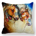 Housse de coussin peau de pêche avec chevaux aquarelle artistiques et plumes bohèmes - Motif de Double Cheval Peint Bohème (38)