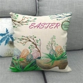 Macro detail of Easter linen pillowcase showing textured fabric and watercolor egg print - 18x18 Inch / Easter Bunny Wood Shoe (19)