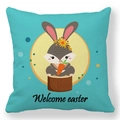 Oster-Deko-Kissenbezug mit Hasen-Motiv und Welcome Easter Schriftzug auf Türkis - 45x45cm / Cyan Hintergrund Hase Welcome Easter (36)
