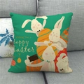 Linen Easter cushion cover with bunnies and eggs on a green background on sofa - Happy Easter Green (20)