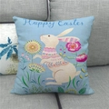 Detalle de la textura de lino en la funda de cojín Happy Easter con conejo y flores - Estilo Conejo con Patrón Fondo Azul (14)