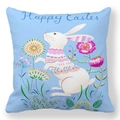 Light blue Happy Easter pillowcase featuring white rabbit and floral wreath pattern - 18x18 Inch / Pattern 34 (Light Blue Easter Bunny)