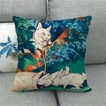 Linen Easter pillow cover with rabbit and cat illustration on a grey sofa - Style 3 Cat and Rabbit Nature