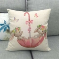 Detail of Easter bunny linen pillowcase featuring cute rabbits in an umbrella on a sofa - Style 6 Wreath Umbrella Rabbit