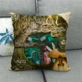 Detail of linen pillow cover with vintage Alice in Wonderland prints on a grey sofa - Style 12 Alice Vintage Illustration