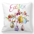 Happy Easter kussensloop met kleurrijke eieren en bloemenkrans op witte achtergrond - 45cmx45cm / Bloemen Eierboom Stijl (22)