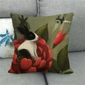 Close-up of linen pillowcase with vintage rabbit and red flower illustration on a sofa - Style 16 Red Flower B&W Rabbit