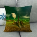 Linen square pillow cover with sci-fi alien landscape print featuring green aurora sky - Aurora Spire Landscape (1)