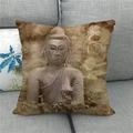 Close-up of Amitabha Buddha stone carving art print on a textured linen pillow cover - 45x45cm / Vintage Stone Buddha Print (5)