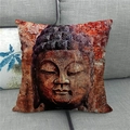Macro detail of linen texture and antique Buddha print on a square pillow cover - Mottled Texture Buddha Style (3)