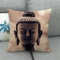 Detail of stone-carved Buddha head print on a rustic linen throw pillow cover - 45x45cm / Beige Zen Buddha Head (9)