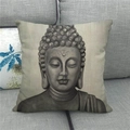 Detail view of linen pillowcase with Amitabha Buddha stone sculpture print on sofa - 45x45cm / Taupe Zen Buddha (11)