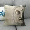 Detail view of Buddha statue art print on a rustic linen pillow cover on a sofa - 45x45cm / Grey Beige Zen Buddha Half (14)