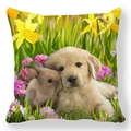 Easter peach skin pillowcase with golden puppy and brown rabbit in spring flowers - 18x18 Inch / Pattern 24 (Puppy and Bunny Cuddling)