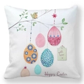 Pasen kussensloop met aquarel eieren en Happy Easter tekst op een witte stof - 45cmx45cm / Aquarel Hangende Eieren Vogel Stijl (25)