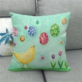 Easter throw pillow cover with yellow chick, colorful eggs and tulips on mint linen - Mint Green Chick and Tulip Pattern (20)