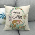 Detailed close-up of linen pillowcase with floral wreath and vintage camper van print - Couple Camper You're Mine (6)