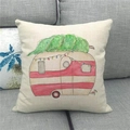 Close-up of linen pillowcase with watercolor retro camper and Christmas tree illustration - Christmas Tree Red Camper (9)