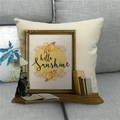 Detailed print of hello Sunshine with yellow flowers on linen square pillow cover - Camera Hello Sunshine (15)