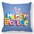 Blue Happy Easter pillow cover with rabbit ears and colorful eggs printed on peach skin fabric - 18x18 Inch / Blue Happy Easter Ears (26)