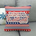 Close-up of patriotic linen pillowcase with stars and stripes on a grey fabric sofa - 45x45cm / Patriotic English Famous Quote (12)