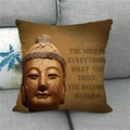 Detail of linen pillow cover featuring Buddha head print and inspirational quote on sofa - 18x18 Inch / Brown Buddha Head with Quote (5)