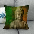 Detail of Buddha linen pillowcase on a grey sofa showing Zen texture and ancient symbols - 18x18 Inch / Bronze Texture Half Body Buddha (7)