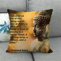 Zen Buddha linen throw pillow cover with Diamond Sutra scripture on gray sofa - 18x18 Inch / Side Buddha with Diamond Sutra (9)