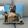 Close-up of sky blue linen pillowcase featuring a golden Buddha statue print on a sofa - 18x18 Inch / Sky Blue Tian Tan Buddha (13)