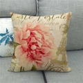 French vintage linen pillow cover with pink rose and Eiffel Tower on a gray sofa - Vintage Tower Postmark Style(4) / 18x18 Inch