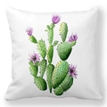 Detailed close-up of watercolor cactus and purple flowers on a white pillowcase - 18x18 Inch / Cactus with Pink Purple Flowers (4)