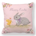 Pink Happy Easter pillowcase featuring grey rabbit and floral prints on peach skin fabric - 18x18 Inch / Pattern 30 (Pink Happy Easter)